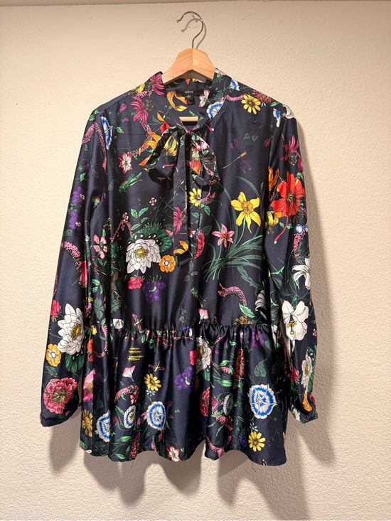 ellos Tops - ELLOS Navy Floral Tie-Neck Blouse